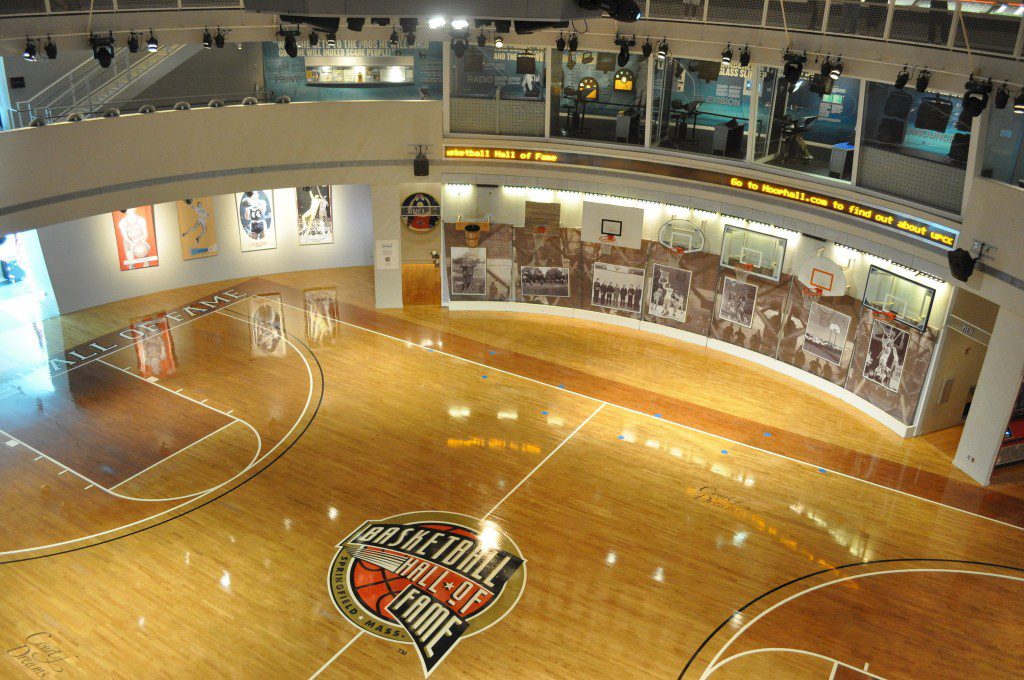 A basketball court with many different types of sports on it.