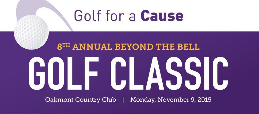 A purple banner with the words " golf for a cause " on it.