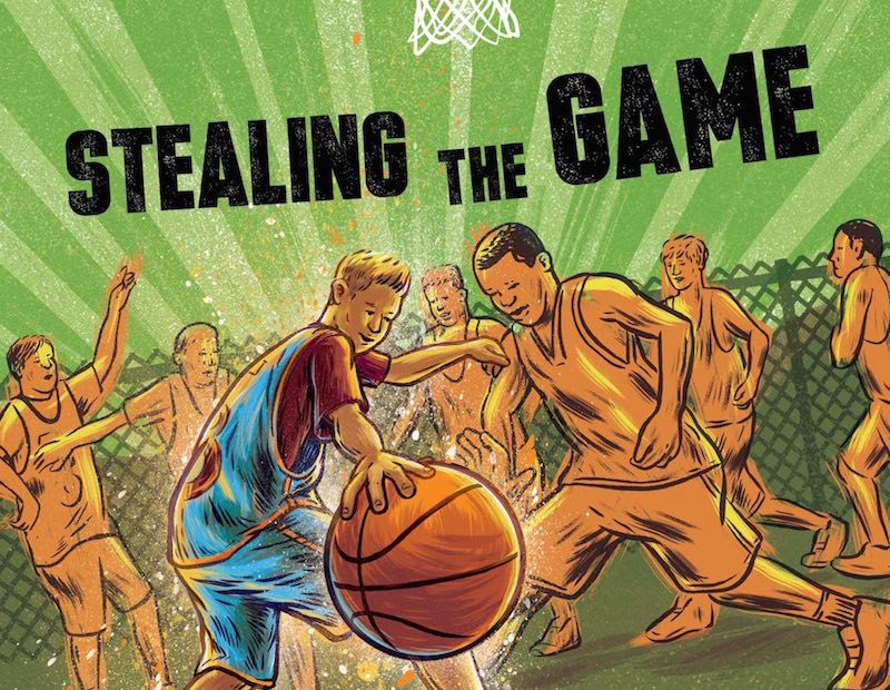 A cartoon of two men playing basketball in front of other people.