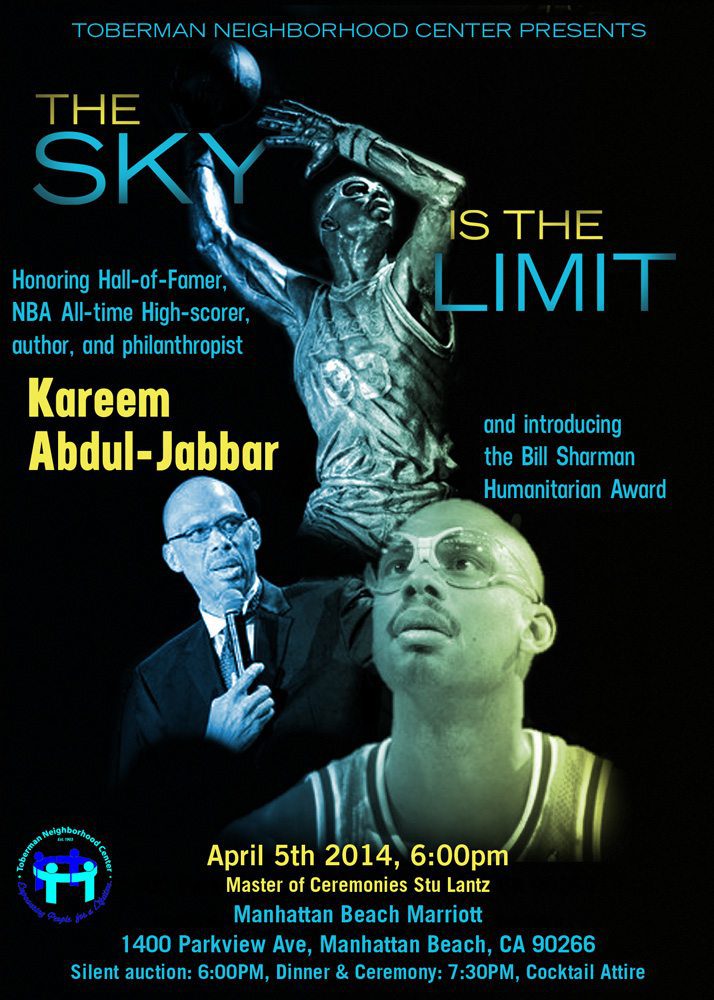 A poster of kareem abdul-jabbar and the sky is the limit.