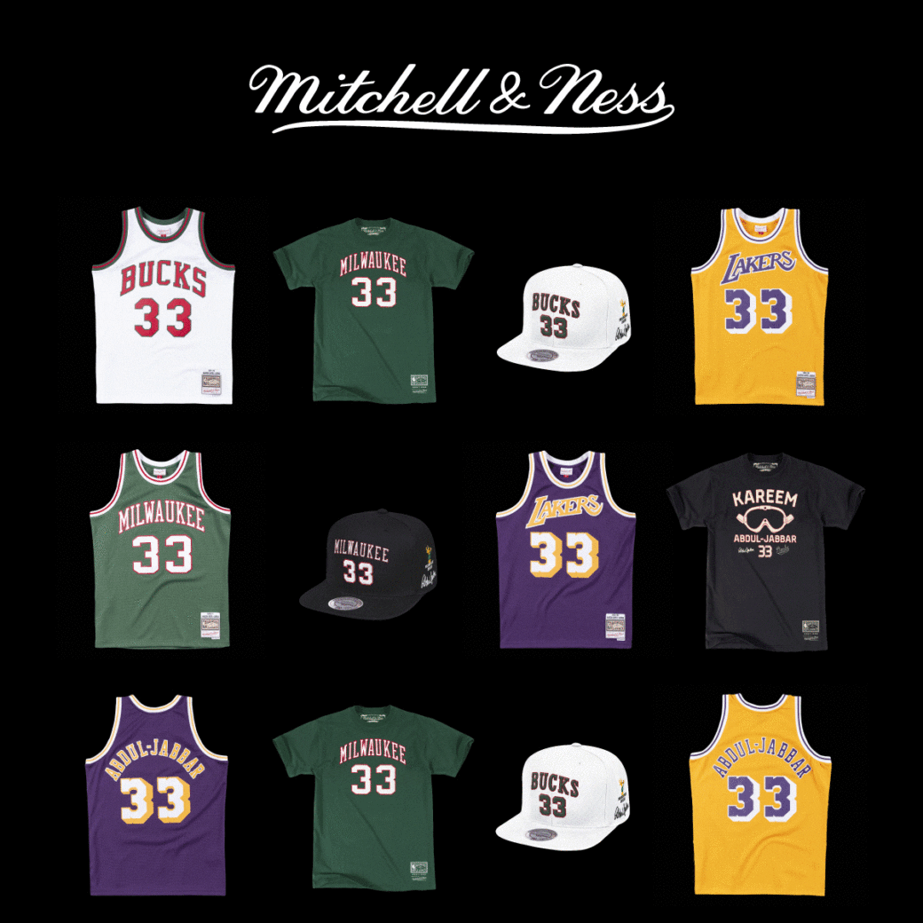 A collection of mitchell & ness jerseys and hats.